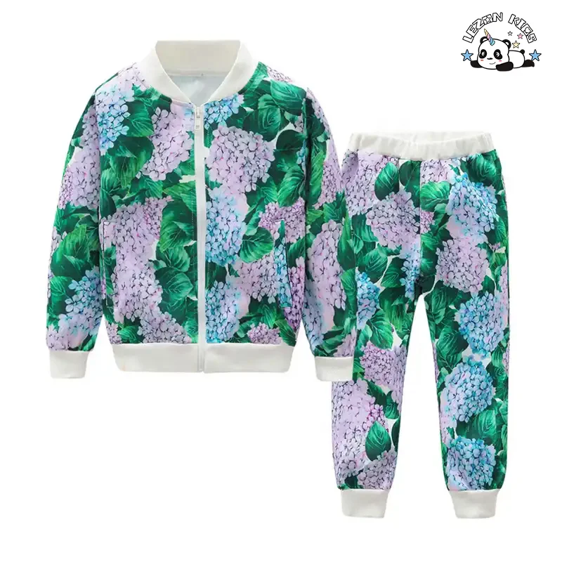 LEZONKIDS - Conjuntos de moletom para crianças no atacado com design de moda fofo, calças bomber com zíper personalizado, impressão digital de flores, roupas infantis